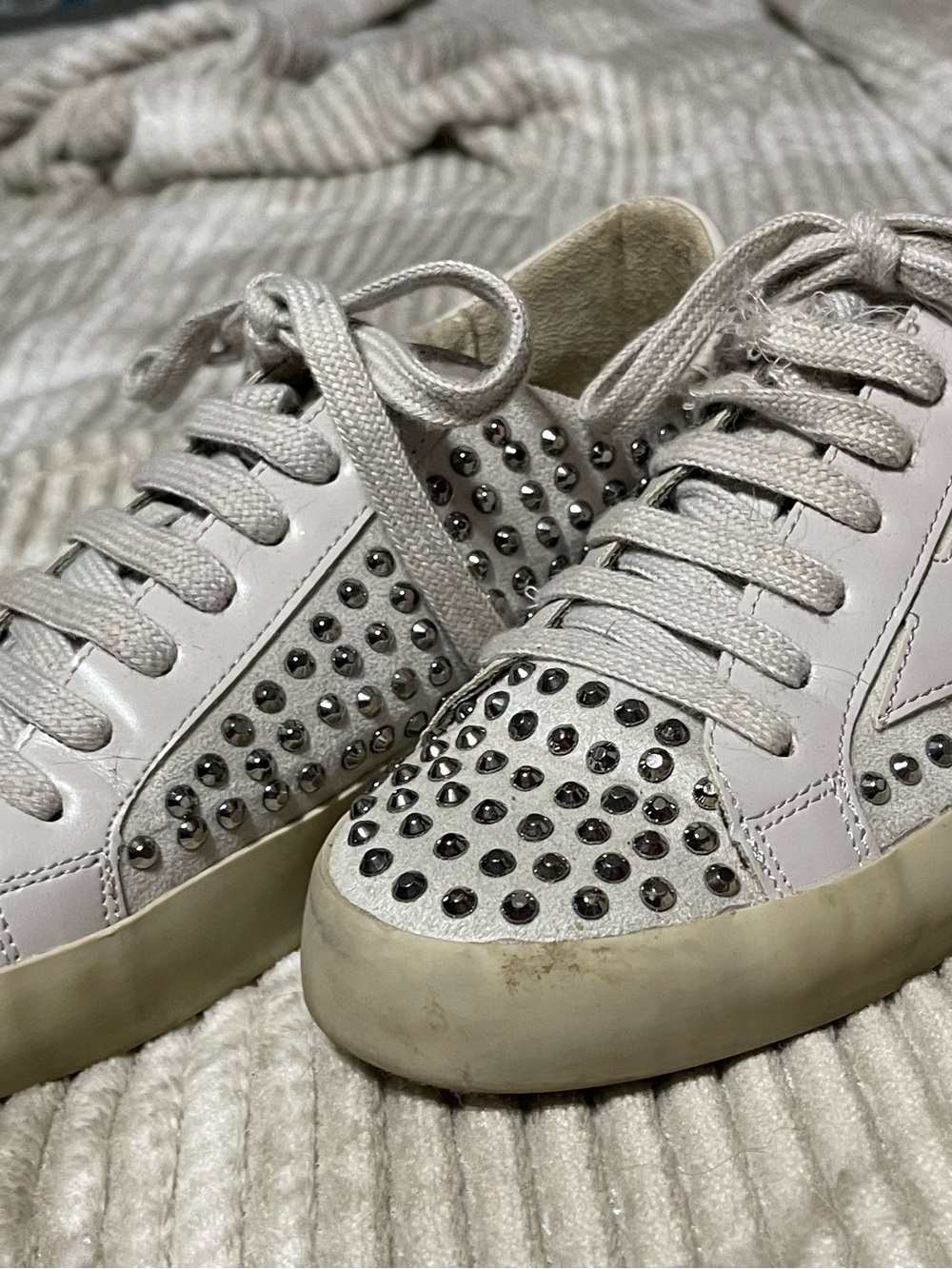 ShuShop White Leather Studded Lace-Up Sneakers